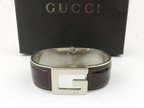 GUCCI Bordeaux Leather Metal G Logo Bangle Bracelet Price Includes US Tariff