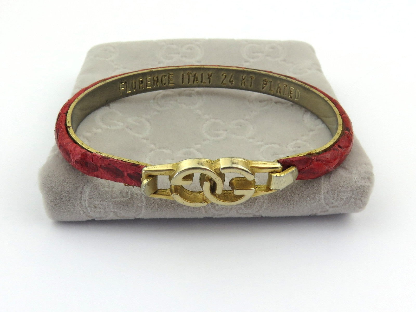 GUCCI Red Leather 24KT Gold Plated Metal GG Bangle Price Includes US Tariff