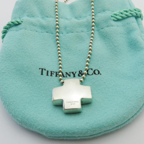 TIFFANY & CO 925 Sterling Silver Cross Bead Chain Pendant Necklace