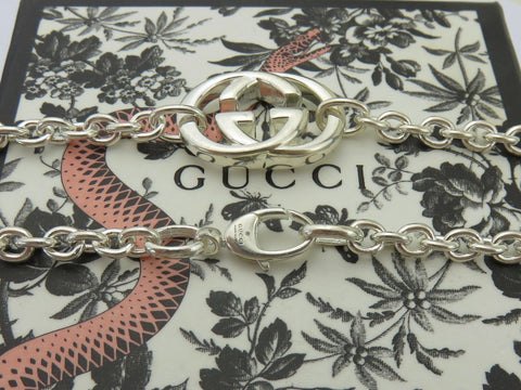 Gucci 925 Silver Interlocking G Oval Link Unisex Necklace Authentic with Box