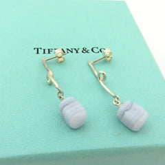 TIFFANY & CO 925 Silver Blue Lace Agate Twist Dangle Drop Earring with Box Rare