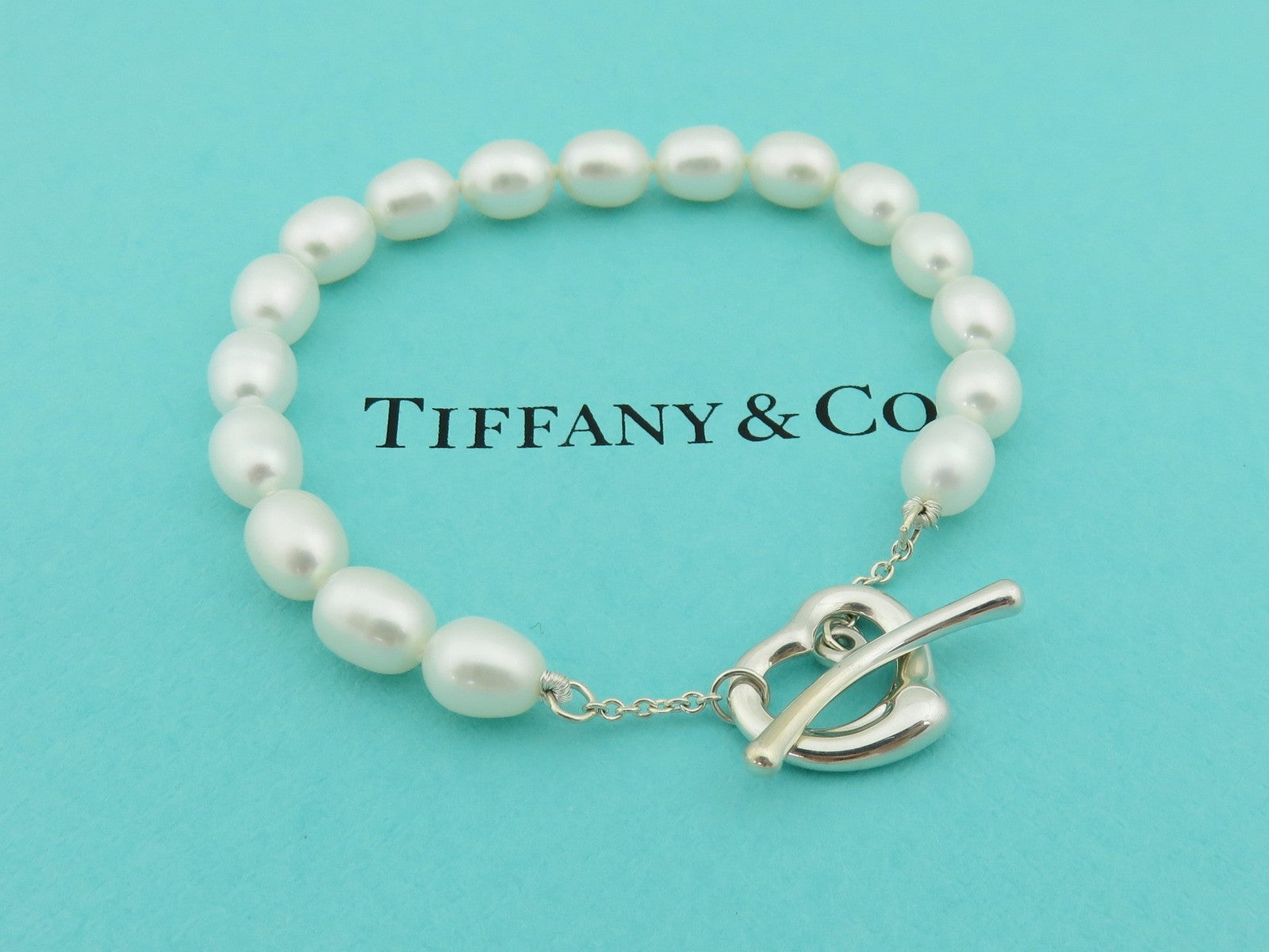 TIFFANY & CO Sterling Silver Open Heart Pearl Toggle Bracelet RRP AU$2350