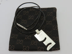 Gucci Sterling Silver GEMINI Pendant Black Leather Cord Necklace