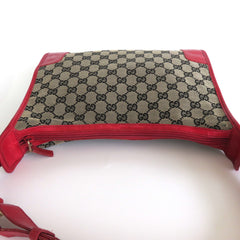 GUCCI Grey Red GG Monogram Canvas Leather Shoulder Bag Handbag Purse Authentic