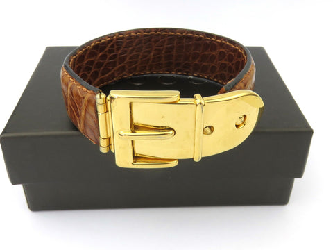 GUCCI Brown Leather Gold Tone Metal Belt Bangle Price Includes US Tariff