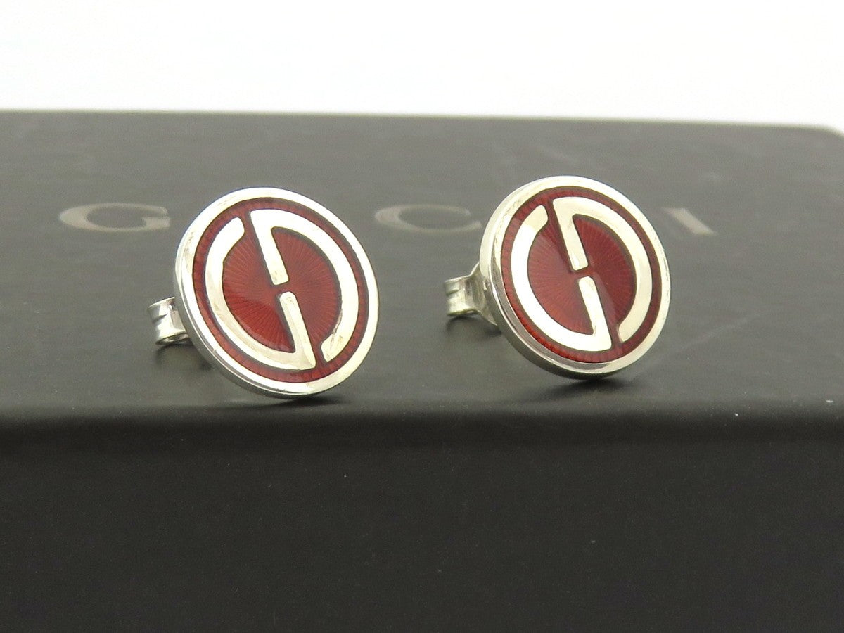 Gucci Sterling Silver Red Enamel GG Round Earrings Rare Price Includes US Tariff