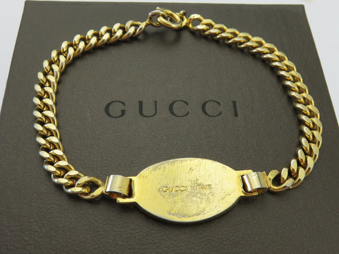Gucci Vintage Gold Tone Metal Blue Oval Tag Bracelet Price Includes US Tariff