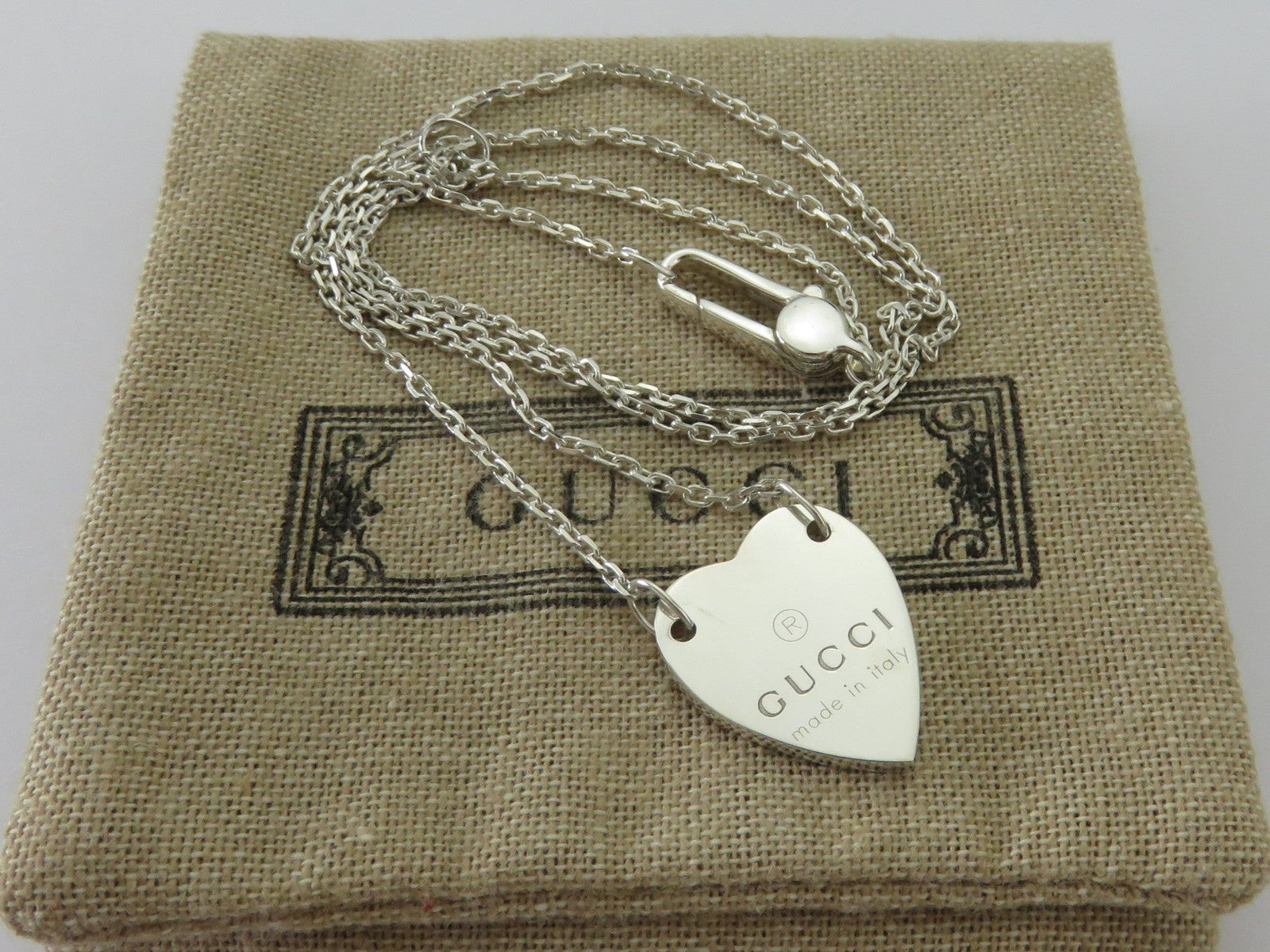 Gucci Sterling Silver Trademark Heart Pendant Necklace Price Includes US Tariff
