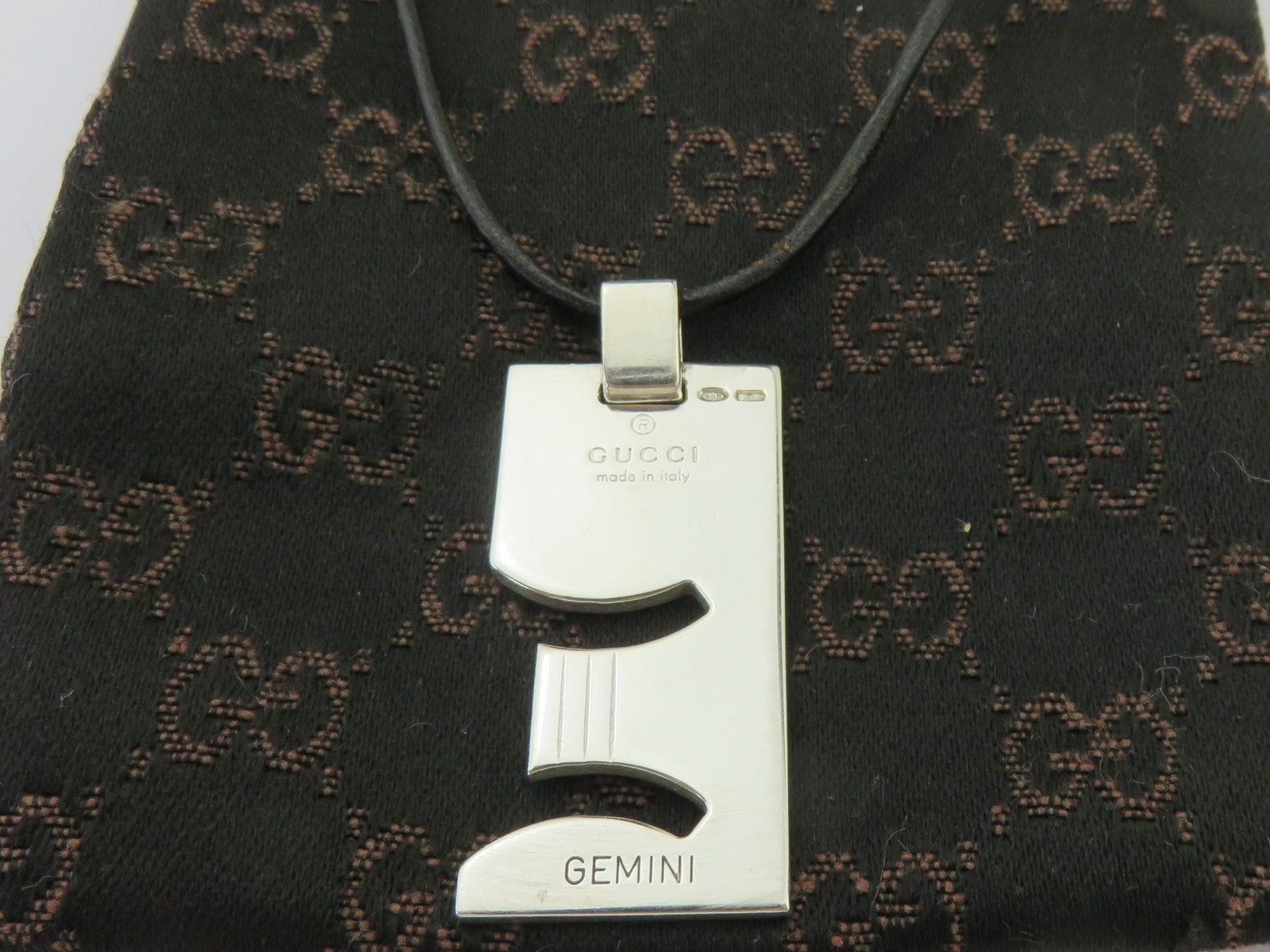 Gucci Sterling Silver GEMINI Pendant Black Leather Cord Necklace