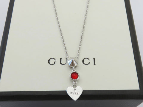 Gucci Sterling Silver Heart Tag Red Stone Pendant Price Includes US Tariff