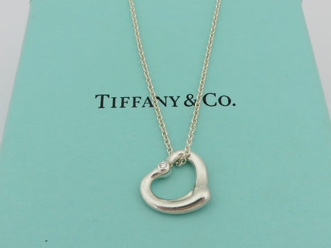 TIFFANY & CO Sterling Silver Open Heart Two Diamonds Pendant Necklace