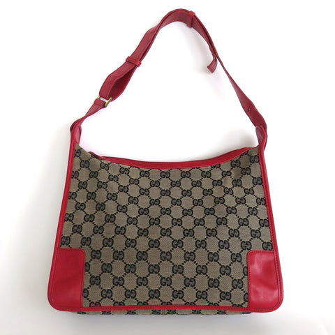 GUCCI Grey Red GG Monogram Canvas Leather Shoulder Bag Handbag Purse Authentic