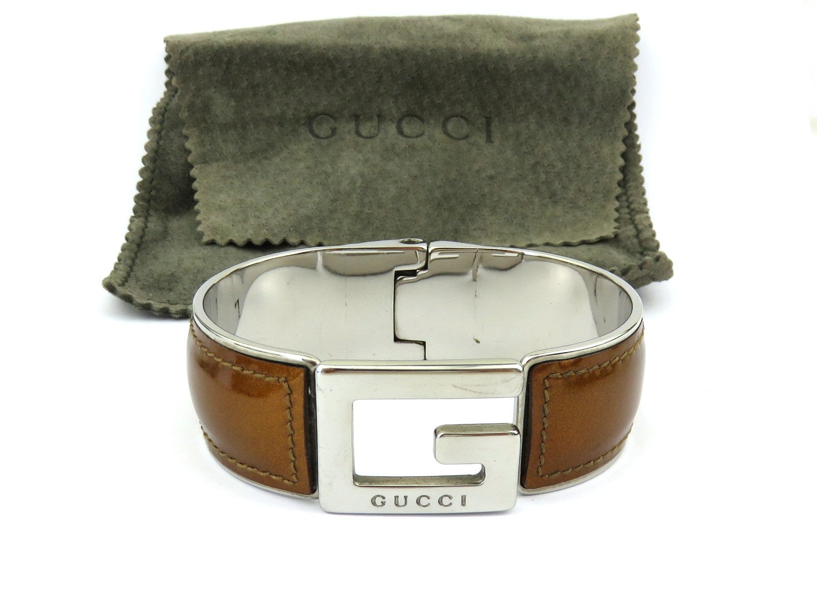 GUCCI Golden Brown Leather Metal G Logo Bangle Bracelet Price Includes US Tariff