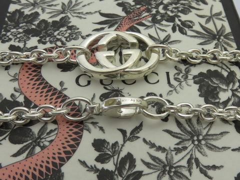 Gucci 925 Silver Interlocking G Oval Link Unisex Necklace Authentic with Box