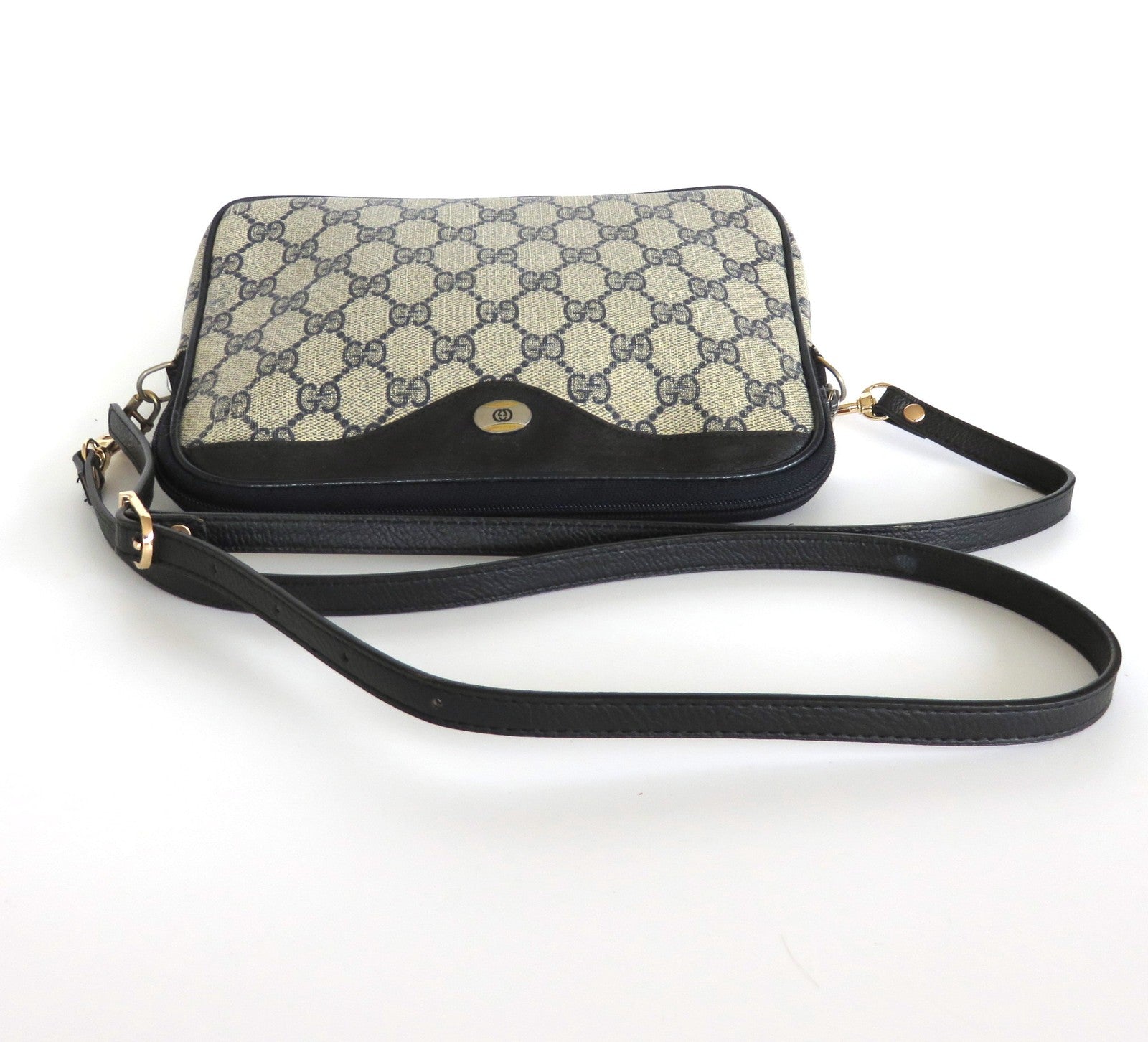 GUCCI Vintage Navy Blue Grey GG Monogram Canvas Leather Cross Body Bag Authentic