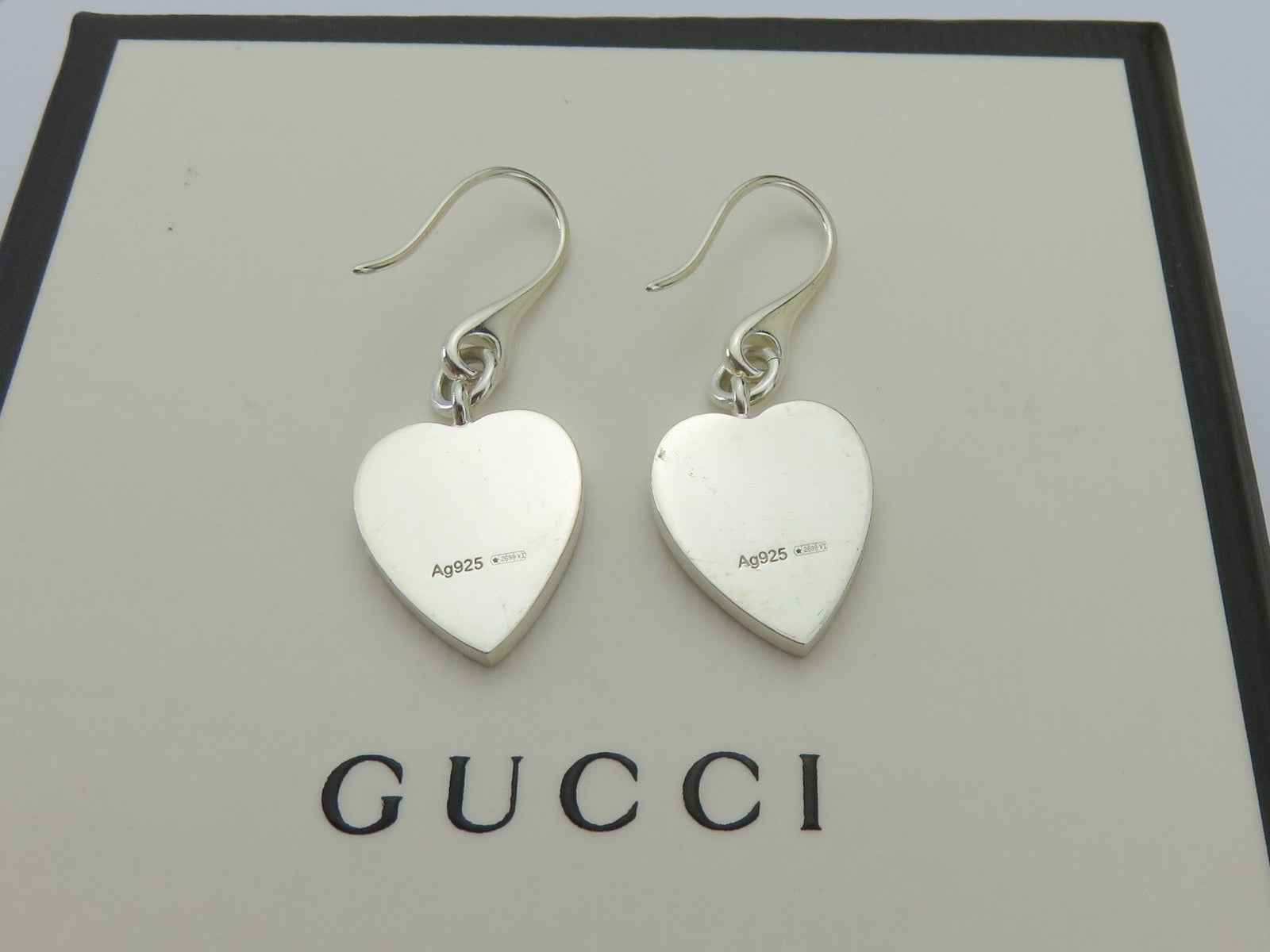 Authentic Gucci Sterling Silver Trademark Heart Dangle Earrings with Box & Pouch