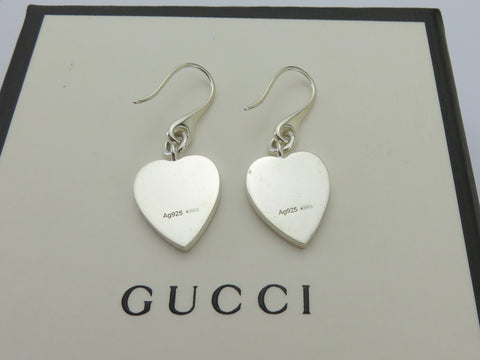 Authentic Gucci Sterling Silver Trademark Heart Dangle Earrings with Box & Pouch