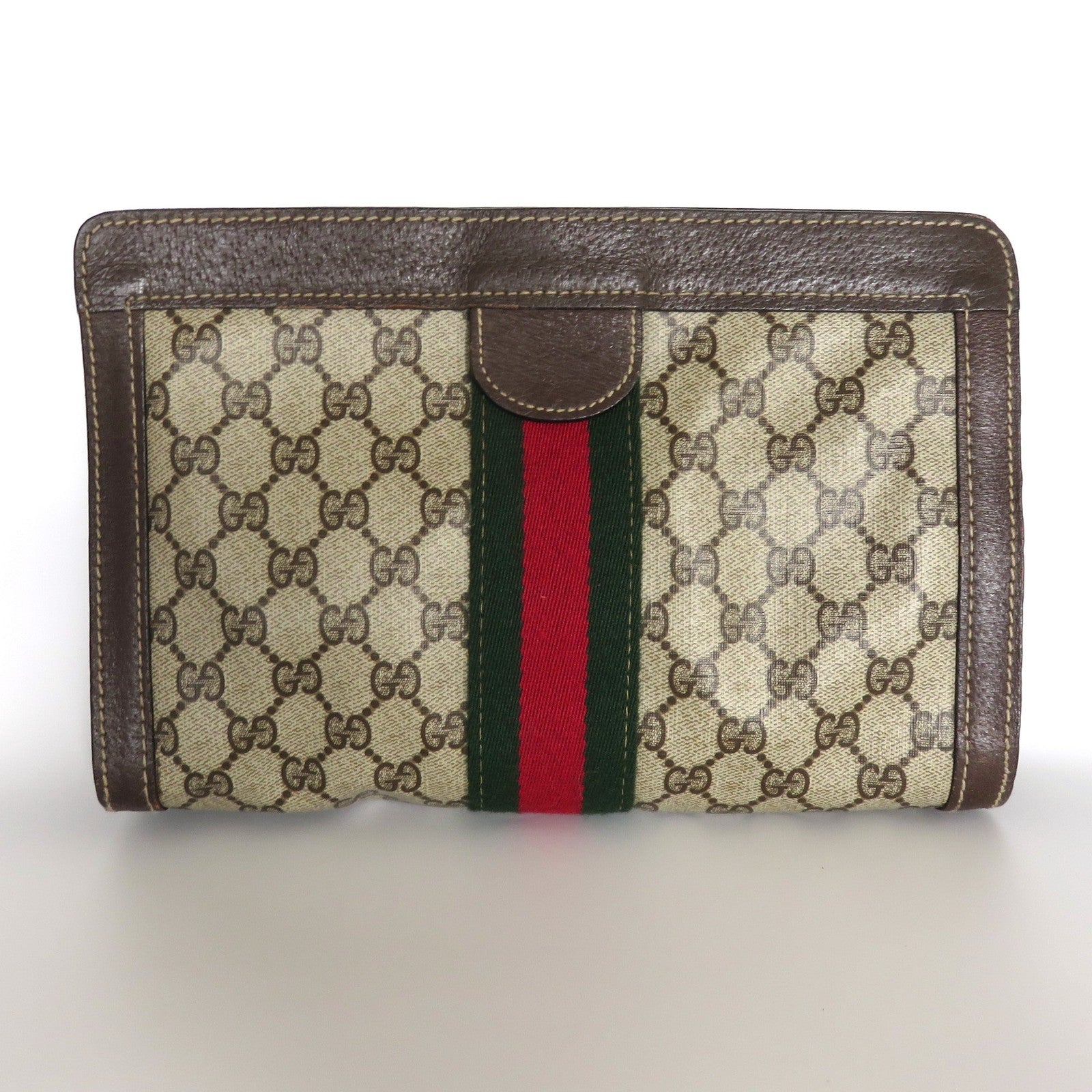 Gucci Vintage Brown GG Monogram Canvas Leather Unisex Clutch Bag Authentic