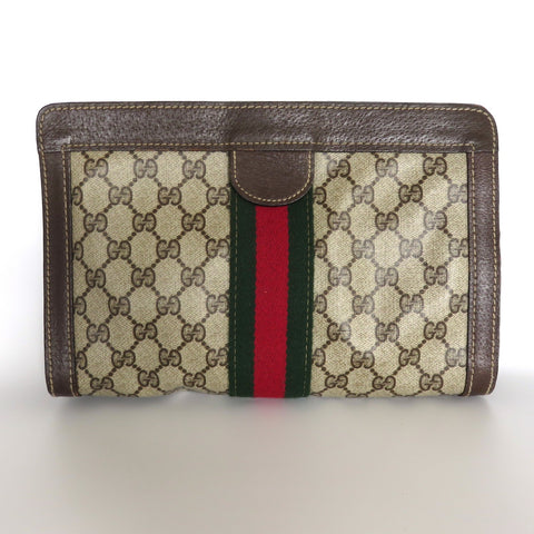 Gucci Vintage Brown GG Monogram Canvas Leather Unisex Clutch Bag Authentic