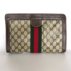 Gucci Vintage Brown GG Monogram Canvas Leather Unisex Clutch Bag Authentic