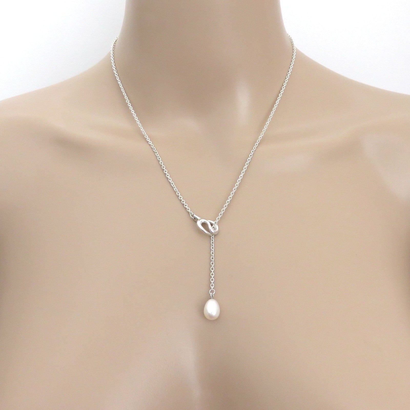 TIFFANY & CO 925 Sterling Silver Open Wave Pearl Lariat Necklace with Box