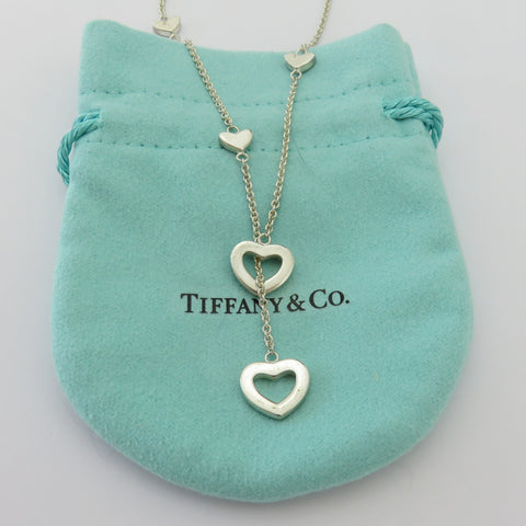 TIFFANY & CO 925 Sterling Silver Heart Link Lariat Necklace Authentic with Pouch