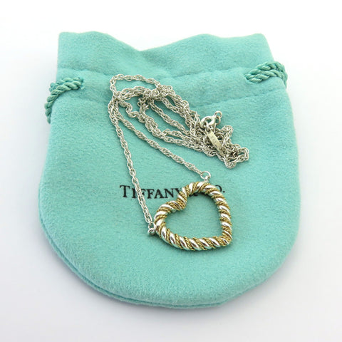 TIFFANY & CO 925 Sterling Silver 18K Gold Twist Heart Pendant Necklace Authentic