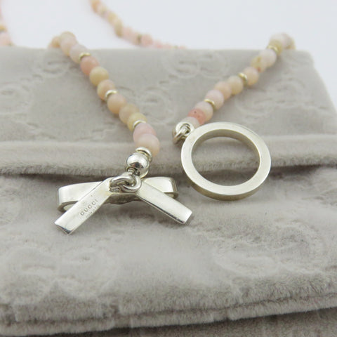 GUCCI 925 Sterling Silver Beads Ribbon Toggle Choker Necklace Authentic w/ Pouch