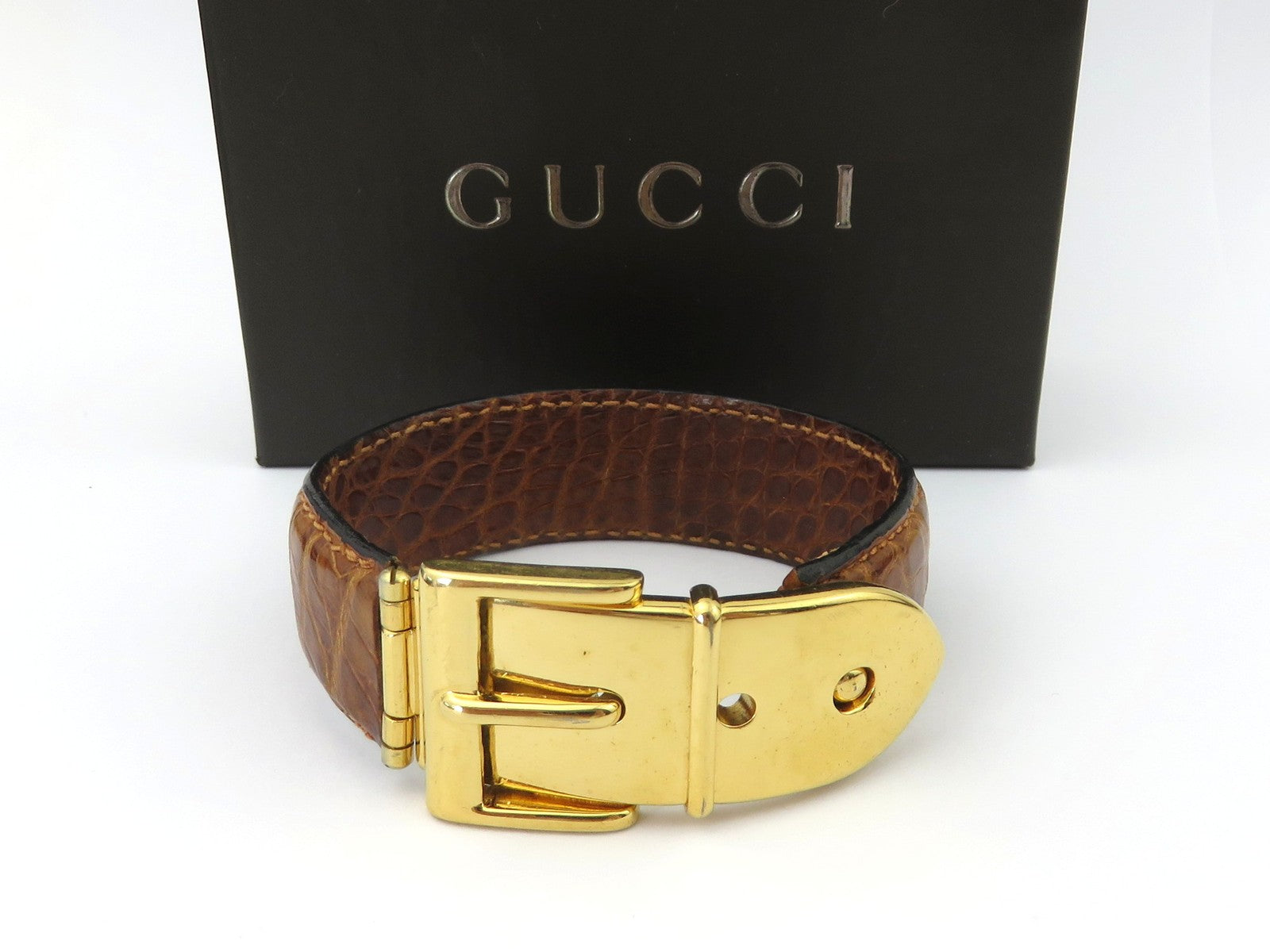 GUCCI Brown Leather Gold Tone Metal Belt Bangle Price Includes US Tariff