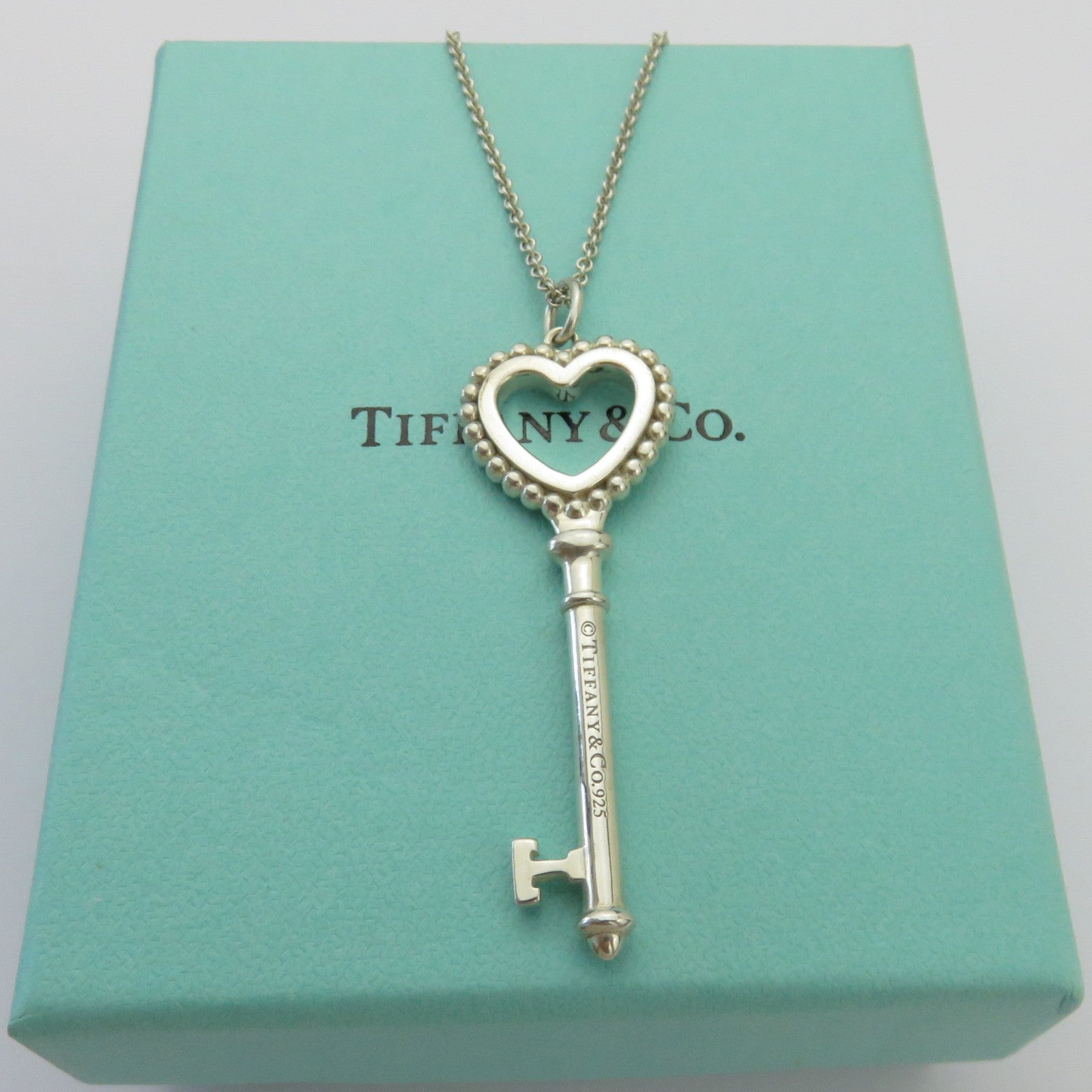Tiffany & Co 925 Silver Blue Enamel Large Beaded Heart Key Pendant Necklace