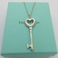 Tiffany & Co 925 Silver Blue Enamel Large Beaded Heart Key Pendant Necklace