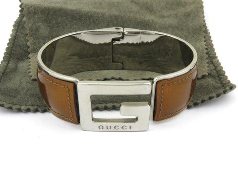 GUCCI Golden Brown Leather Metal G Logo Bangle Bracelet Price Includes US Tariff