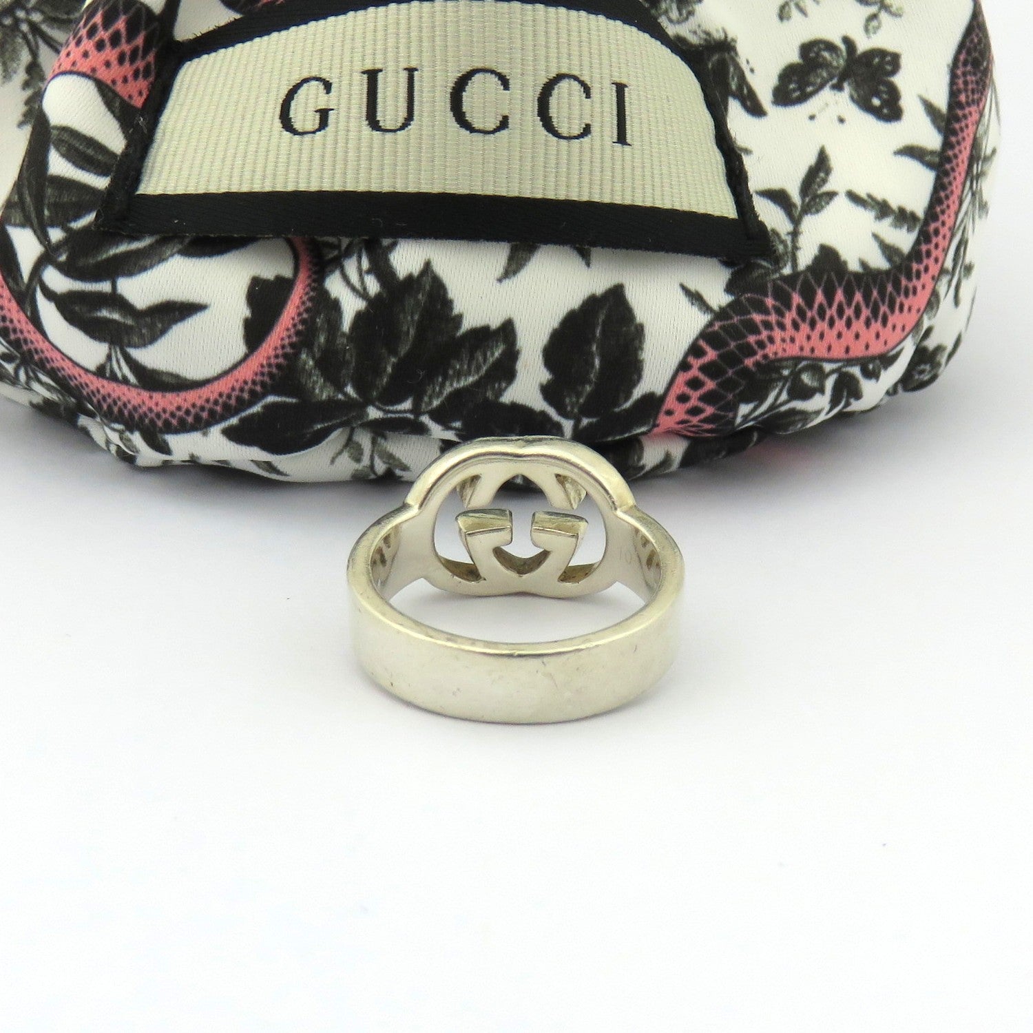 GUCCI 925 Sterling Silver Interlocking G Ring Size 5 Made in Italy with Pouch