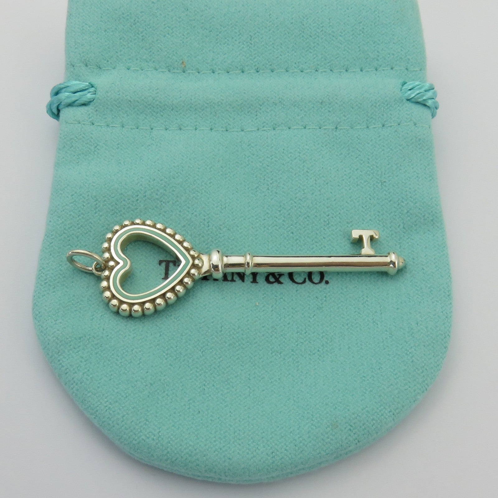 Tiffany & Co 925 Silver Blue Enamel Large Beaded Heart Key Pendant Charm