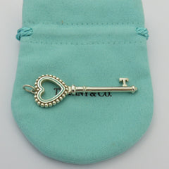 Tiffany & Co 925 Silver Blue Enamel Large Beaded Heart Key Pendant Charm