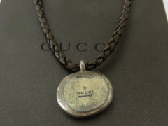 Gucci Sterling Silver Woven Brown Leather with Crest Tag Pendant Necklace
