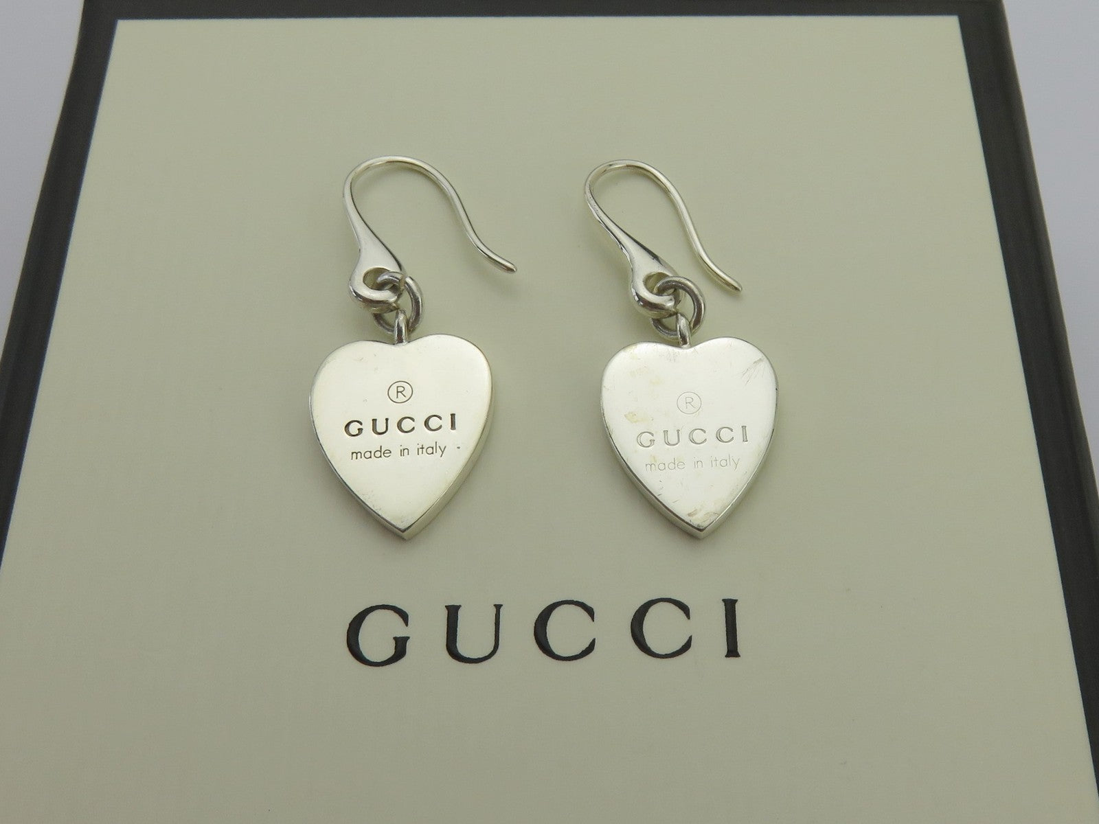 Gucci Sterling Silver Trademark Heart Dangle Earrings Price Includes US Tariff