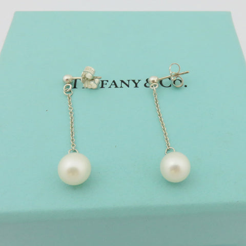 TIFFANY & CO 925 Silver Ziegfeld Fresh Water Pearl Drop Earrings with Box