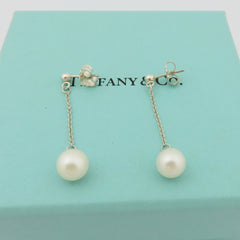 TIFFANY & CO 925 Silver Ziegfeld Fresh Water Pearl Drop Earrings with Box