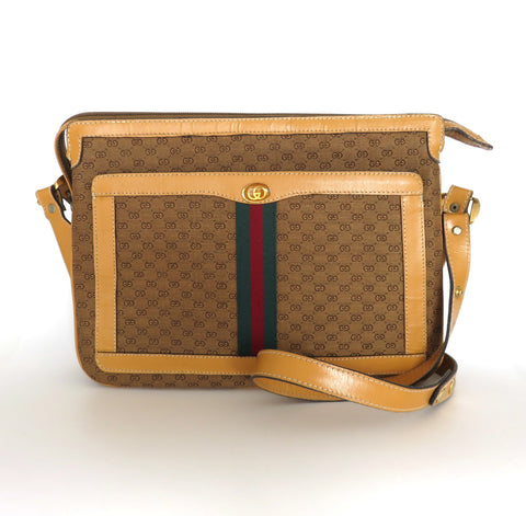 GUCCI Vintage Brown GG Monogram Canvas Leather Unisex Shoulder Bag Authentic