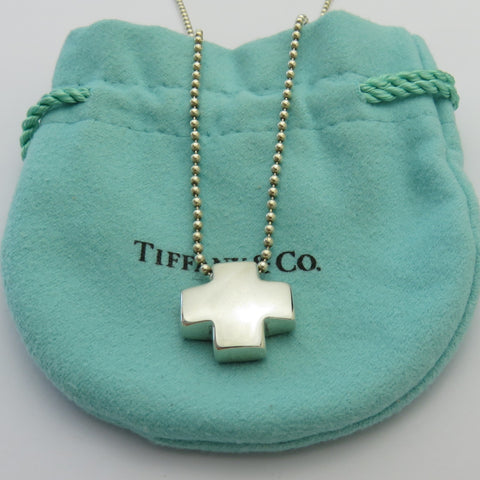 TIFFANY & CO 925 Sterling Silver Cross Bead Chain Pendant Necklace