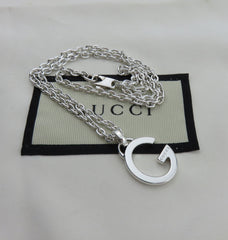 Gucci 925 Silver Oval G Logo Chain Link Unisex Pendant Necklace with Box Pouch