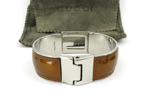 GUCCI Golden Brown Leather Metal G Logo Bangle Bracelet Price Includes US Tariff