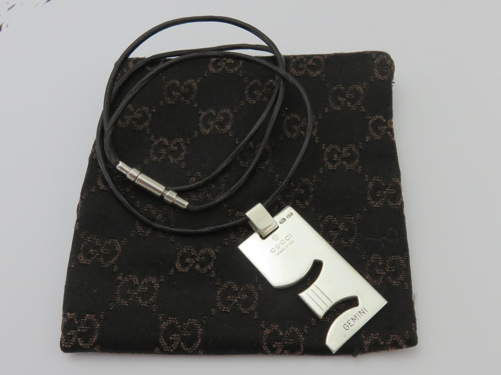Gucci Sterling Silver GEMINI Pendant Black Leather Cord Necklace