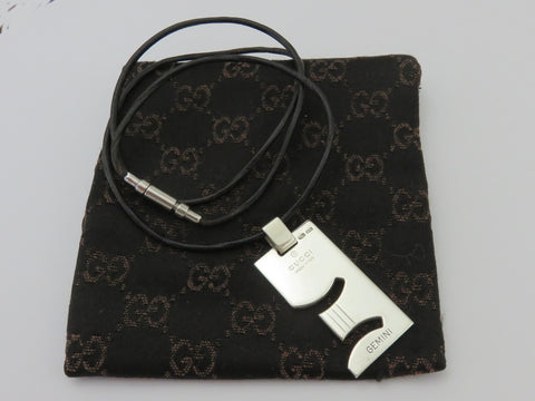 Gucci Sterling Silver GEMINI Pendant Black Leather Cord Necklace