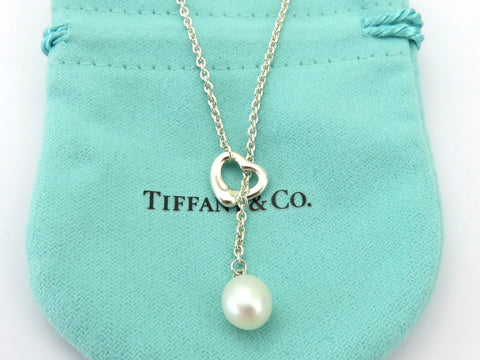 TIFFANY & CO Sterling Silver Open Heart Pearl Lariat Necklace RRP AU$ 1300