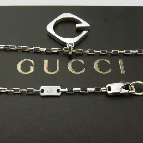 Gucci 925 Silver G Logo Square Venetian Chain Unisex Pendant Necklace Authentic