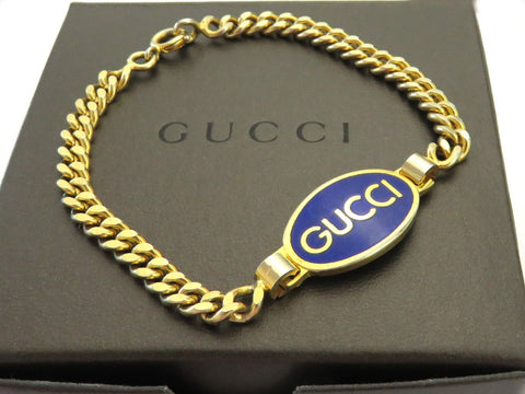 Gucci Vintage Gold Tone Metal Blue Oval Tag Bracelet Price Includes US Tariff