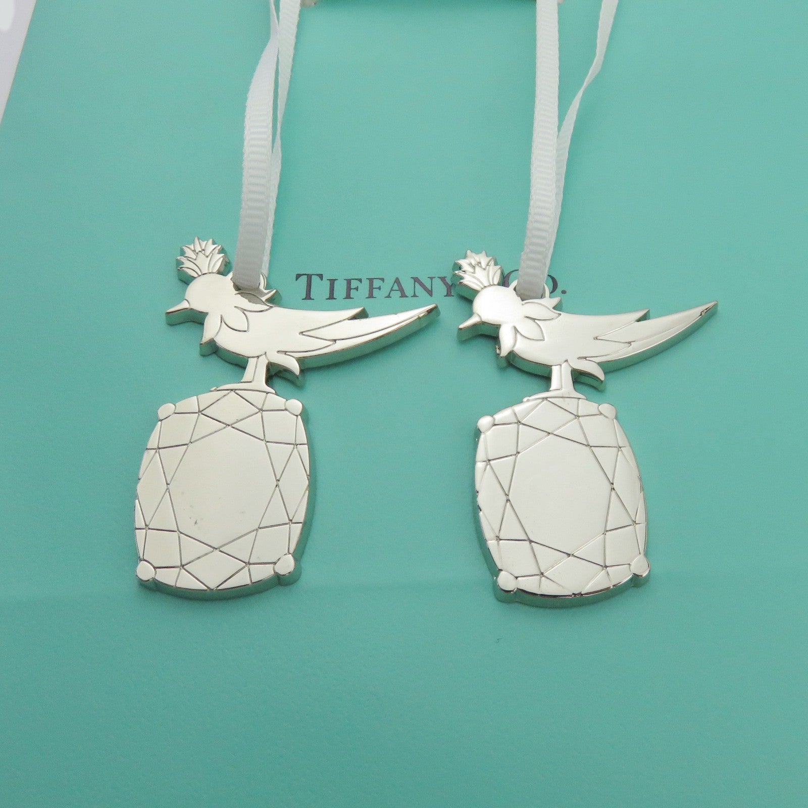 2x Tiffany & Co. Bird on a Rock Charms Polished Silver Tone Metal Set + Bag