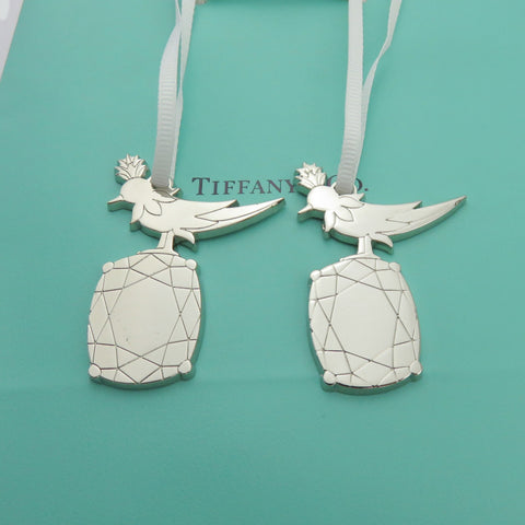 2x Tiffany & Co. Bird on a Rock Charms Polished Silver Tone Metal Set + Bag